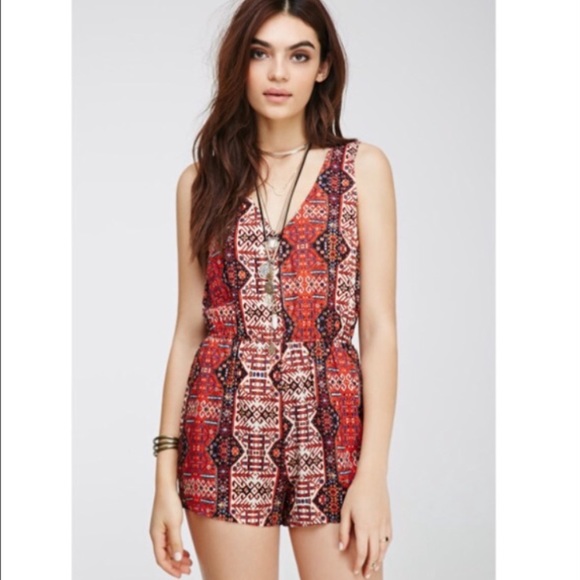 Forever 21 Pants - Forever 21 Red Aztec Romper, M